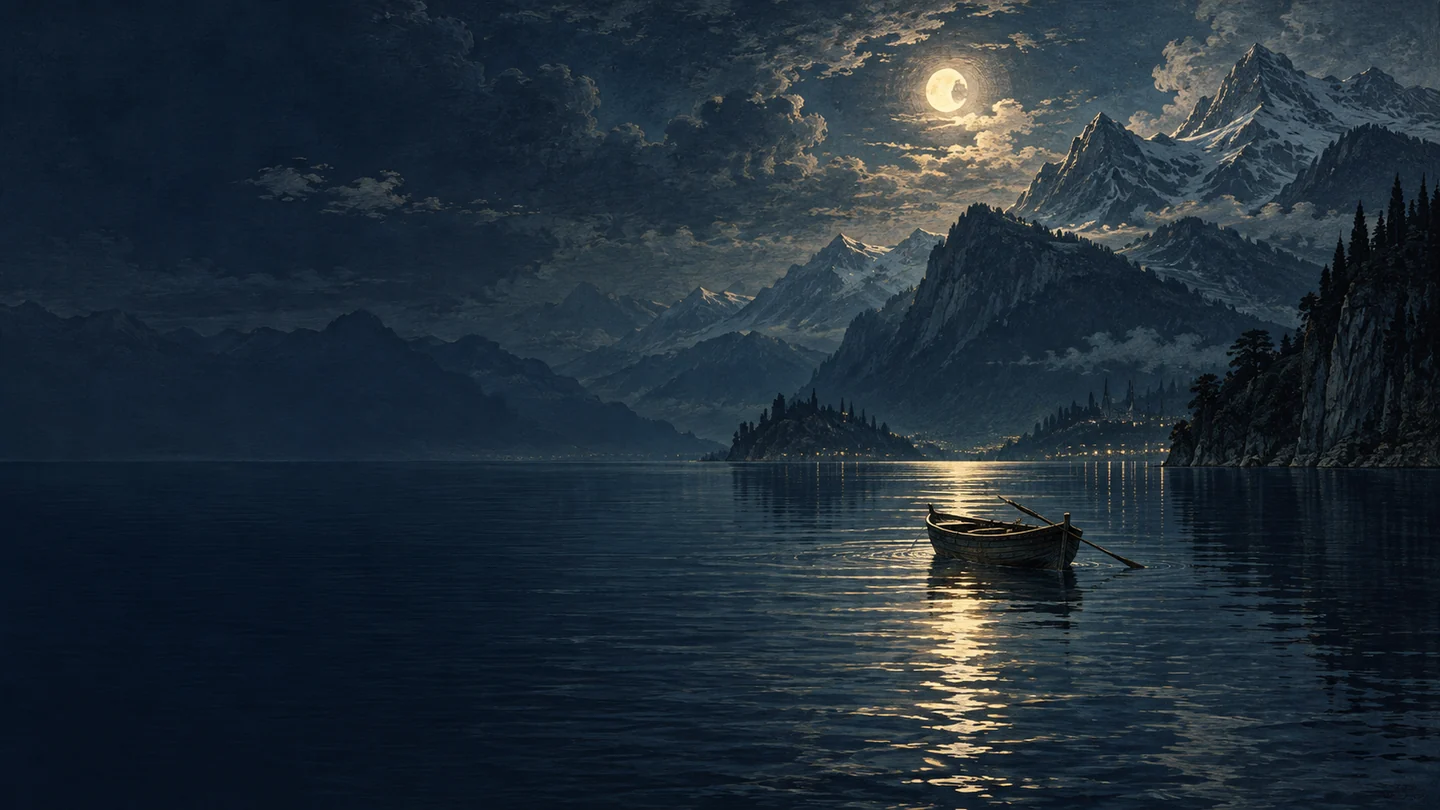 Vivace’s imagined moonlit lake, with a small boat beneath dark mountains.
