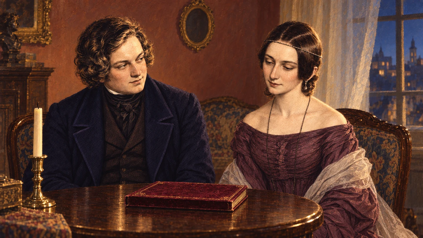 Clara and Robert beside a red album on a candlelit table.