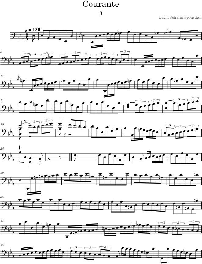 Cello Suite No. 4 in E-flat Major, BWV 1010, Courante - Bach — first page preview