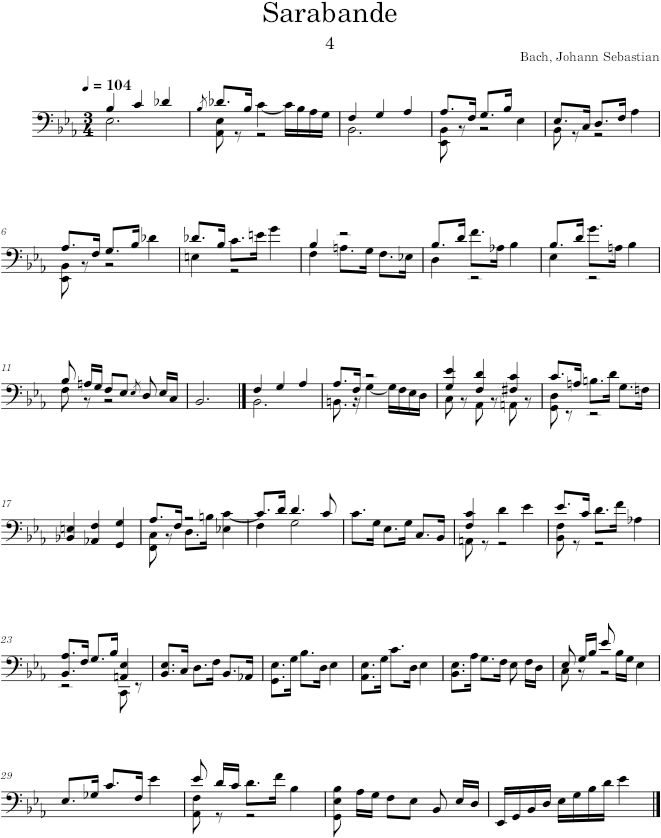 Cello Suite No. 4 in E-flat Major, BWV 1010, Sarabande - Bach — first page preview