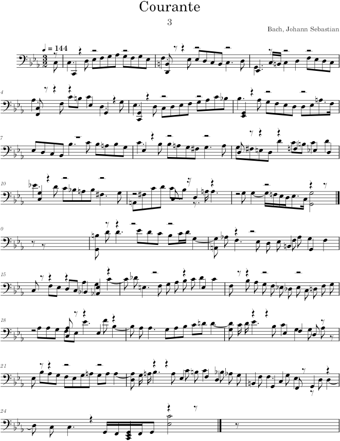 Cello Suite No. 5 in C Minor, BWV 1011, Courante - Bach — first page preview