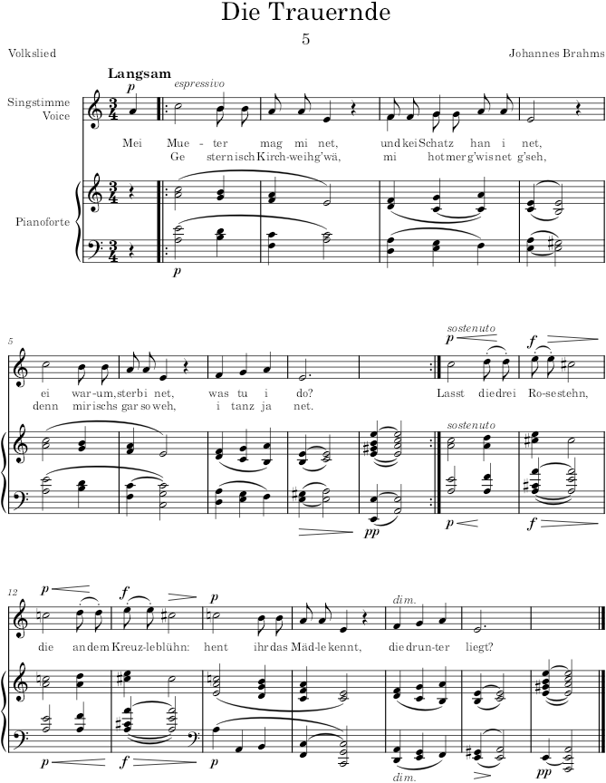 Die Trauernde (6 Songs, Op.7) - Brahms — first page preview