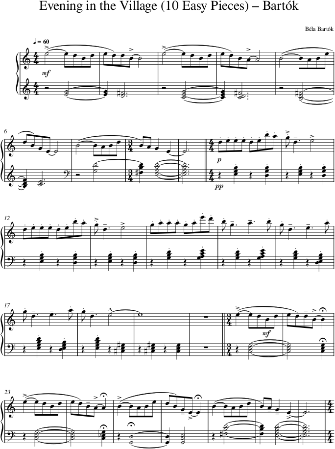 Evening in the Village (10 Easy Pieces) – Bartók — first page preview