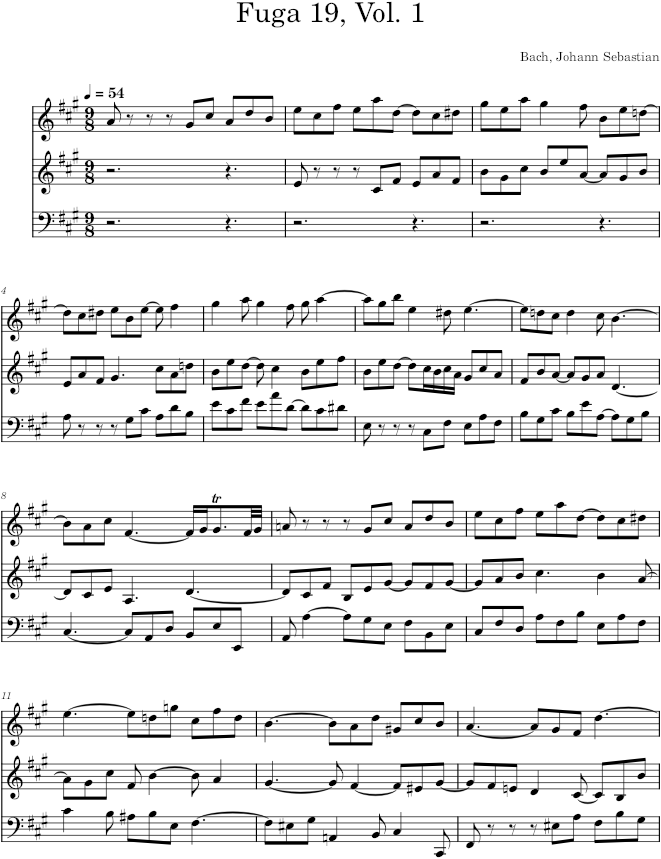 Well-Tempered Clavier, Book 1, Fugue No. 19 in A Major, BWV 864 - Bach — first page preview