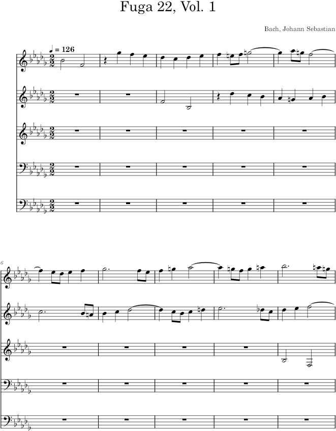 Well-Tempered Clavier, Book 1, Fugue No. 22 in B-flat Minor, BWV 867 - Bach — first page preview
