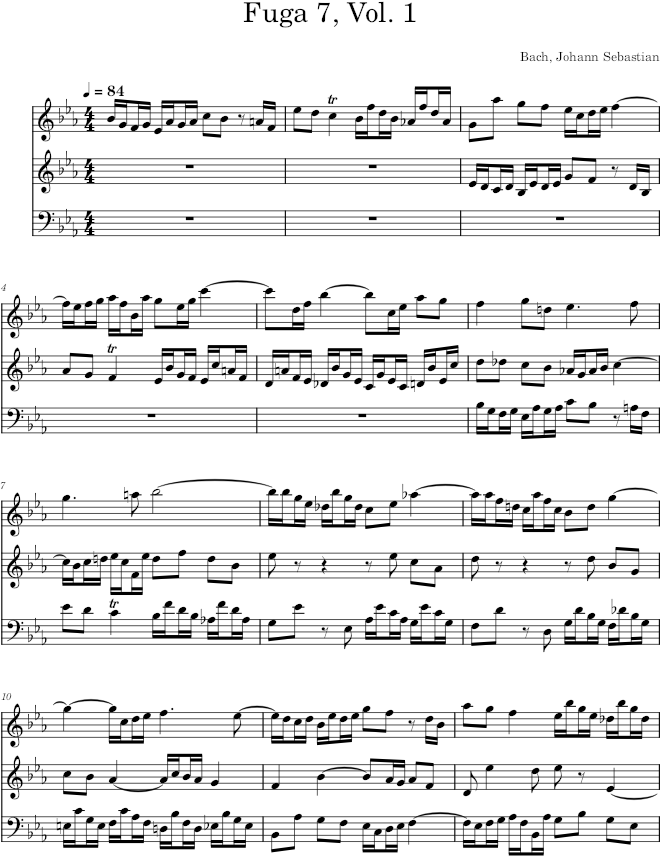 Well-Tempered Clavier, Book 1, Fugue No. 7 in E-flat Major, BWV 852 - Bach — first page preview