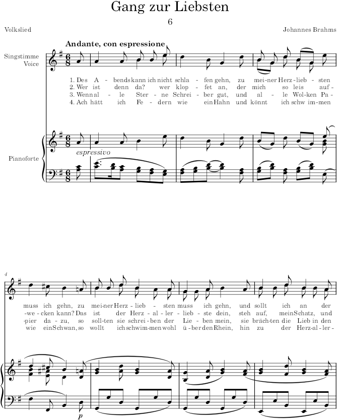 Gang zur Liebsten (8 Lieder and Romances, Op.14) - Brahms — first page preview
