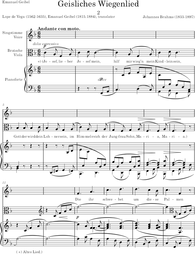Geistliches Wiegenlied (2 Gesänge, Op.91) - Brahms — first page preview