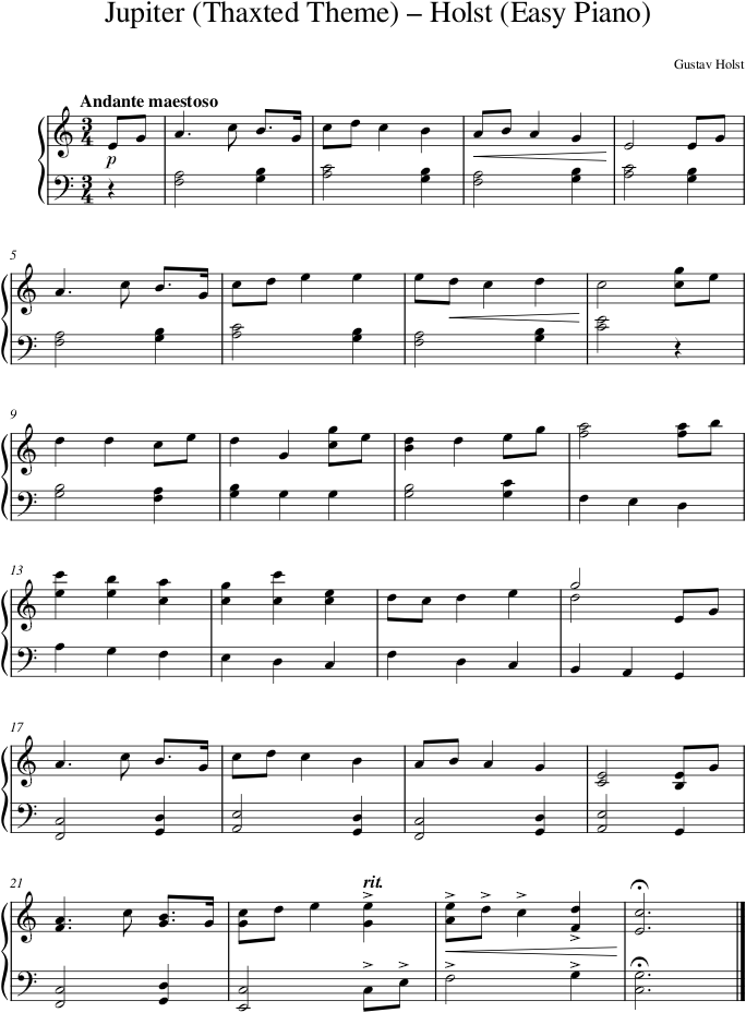 Jupiter (Thaxted Theme) – Holst (Easy Piano) — first page preview