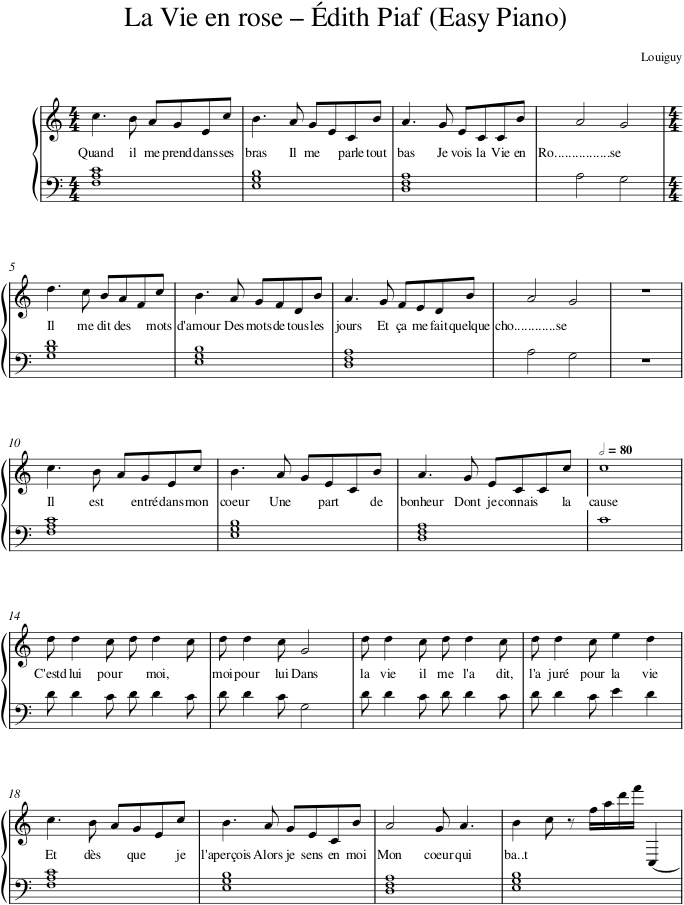 La Vie en rose – Édith Piaf (Easy Piano) — first page preview