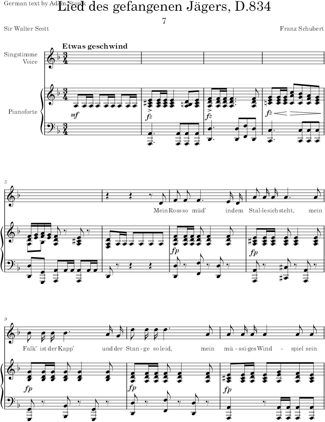 Lied des gefangenen Jägers, D.843 (Op.52) - Schubert — first page preview