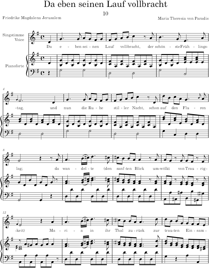 Lieder, 1786 (alternative title: Zwölf Lieder auf ihrer Reise in Musik gesetzt) (Lieder) - Paradis — first page preview