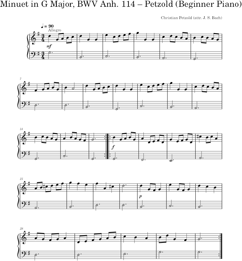 Minuet in G Major, BWV Anh. 114 – Petzold (Beginner Piano) — first page preview