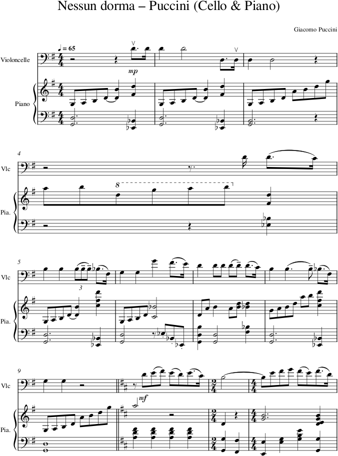 Nessun dorma – Puccini (Cello & Piano) — first page preview
