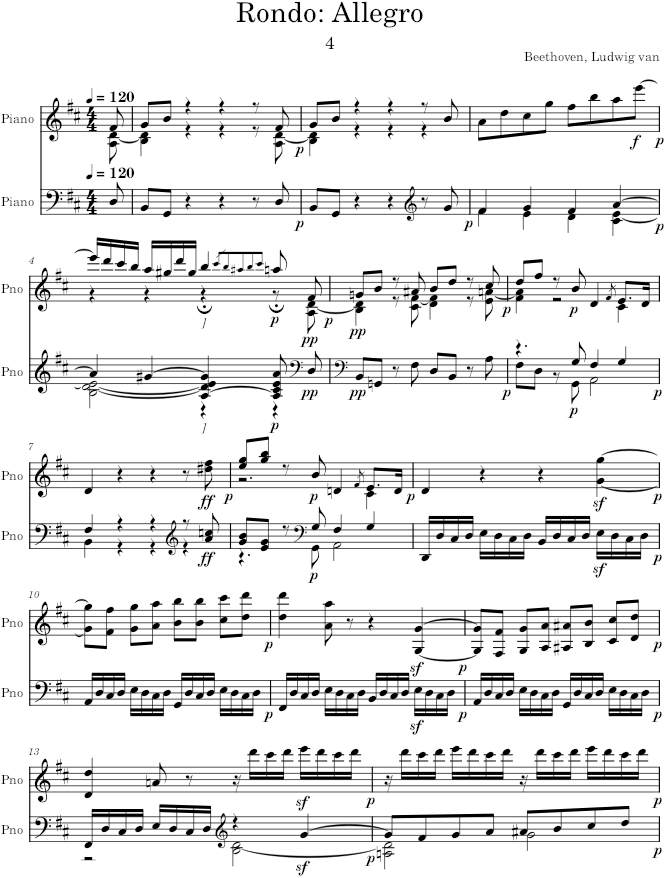 Piano Sonata No. 7 in D Major, Op. 10, No. 3, Mvt. 4: Rondo - Beethoven — first page preview