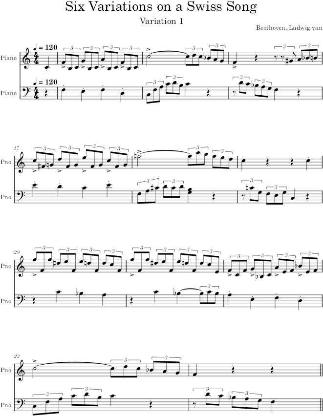 Six Variations on a Swiss Song, WO 64, Variation 1 - Beethoven — first page preview