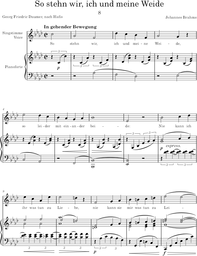 So stehn wir, ich und meine Weide (9 Lieder und Gesänge, Op.32) - Brahms — first page preview