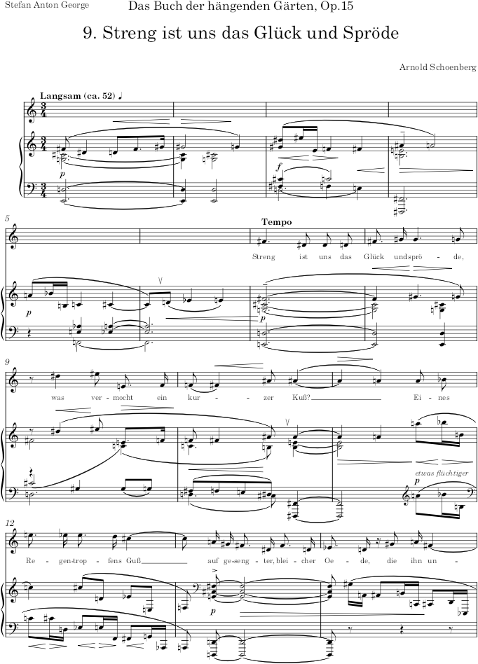 Streng ist uns das Glück und Spröde (Das Buch der hängenden Gärten) - Schoenberg — first page preview