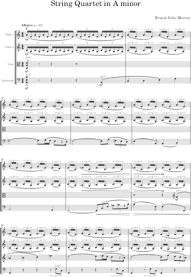 String Quartet in A minor - Moeran — first page preview