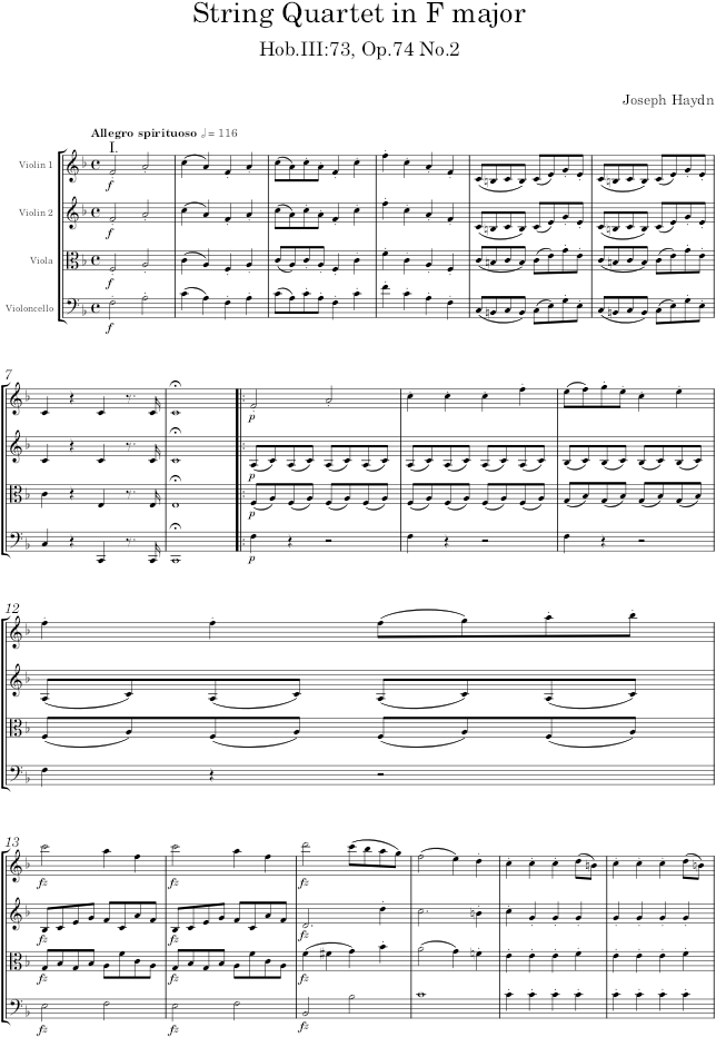 String Quartet in F major, Hob.III:73, Op.74 No.2 - Haydn — first page preview