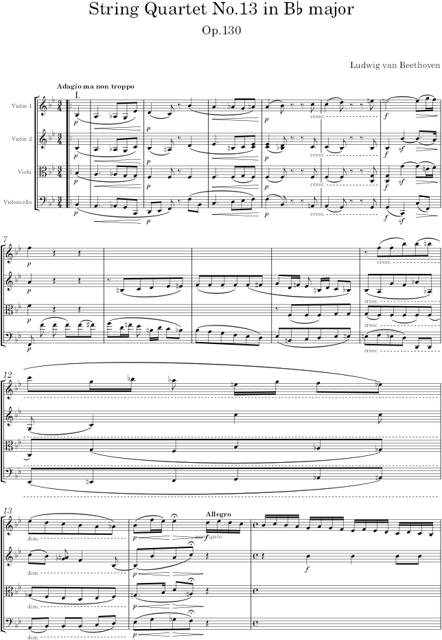 String Quartet No.13 in B♭ major, Op.130 - Beethoven — first page preview