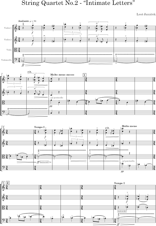 String Quartet No.2 Intimate Letters - Janáček — first page preview