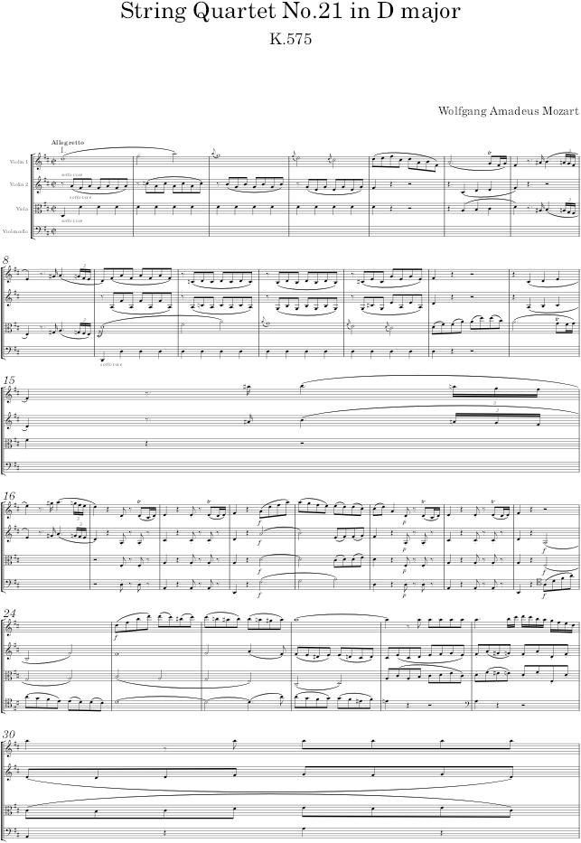String Quartet No.21 in D major, K.575 - Mozart — first page preview