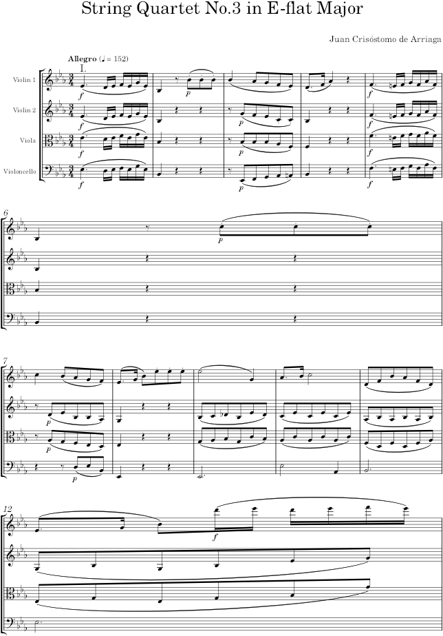 String Quartet No.3 in E-flat Major - Arriaga — first page preview