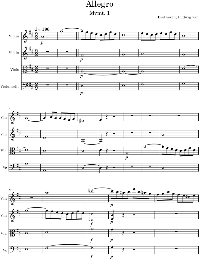 String Quartet No. 3, Movement 1 - Beethoven — first page preview