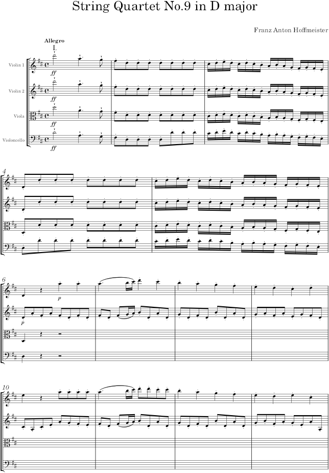 String Quartet No.9 in D major - Hoffmeister — first page preview