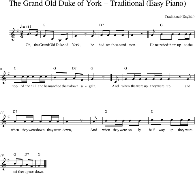 The Grand Old Duke of York – Traditional (Easy Piano) — first page preview