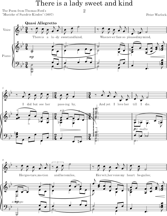 There is a lady sweet and kind (Songs) - Warlock — first page preview