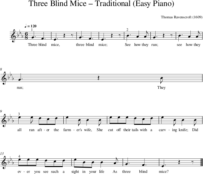 Three Blind Mice – Traditional (Easy Piano) — first page preview