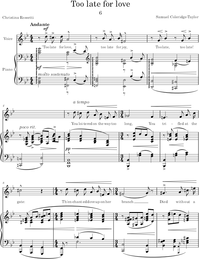 Too late for love (6 Sorrow Songs, Op.57) - Coleridge-Taylor — first page preview