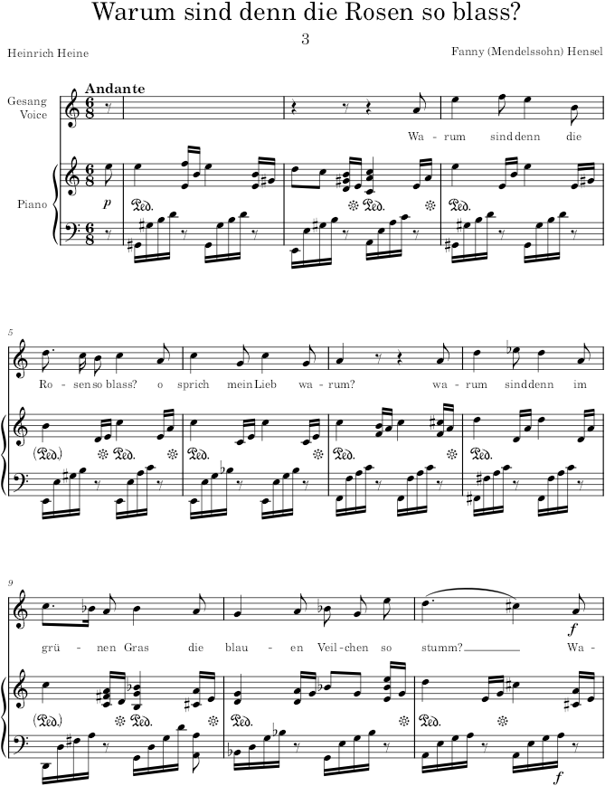 Warum sind denn die Rosen so blass (6 Lieder, Op.1) - Hensel — first page preview