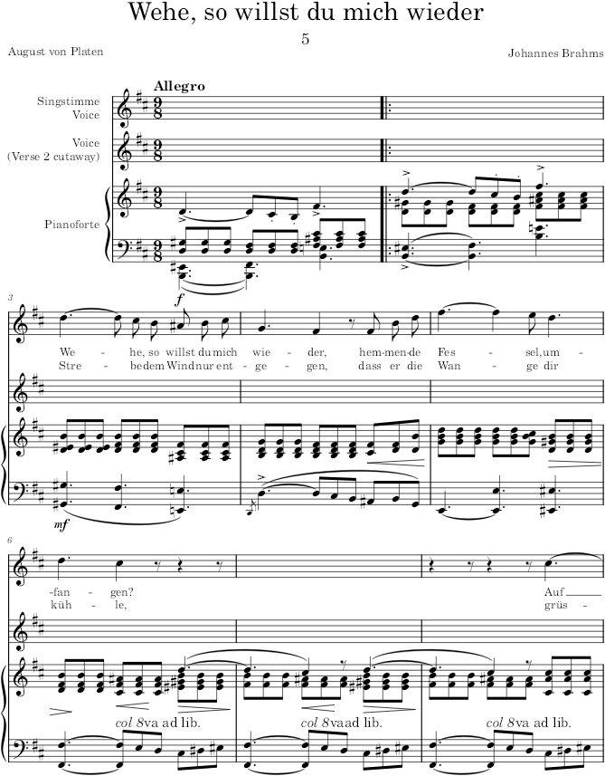 Wehe, so willst du mich wieder (9 Lieder und Gesänge, Op.32) - Brahms — first page preview