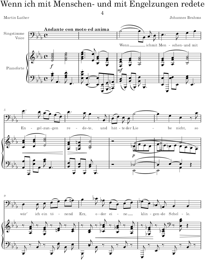 Wenn ich mit Menschen- und mit Engelzungen redete (4 Serious Songs, Op.121) - Brahms — first page preview