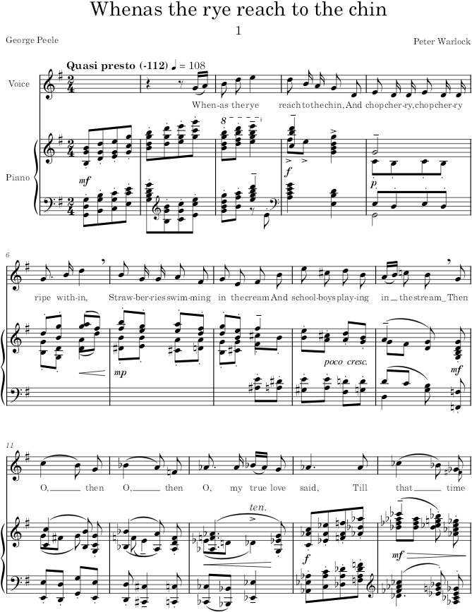 Whenas the rye reaches to the chin (Songs) - Warlock — first page preview