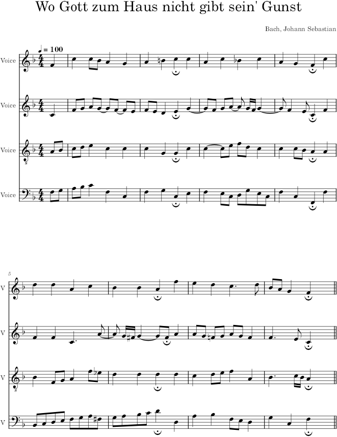 Wo Gott zum Haus nicht gibt sein' Gunst, BWV 438 - Bach — first page preview