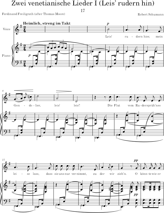 Zwei venetianische Lieder I (Leis’ rudern hin) (Myrthen, Op.25) - Schumann — first page preview
